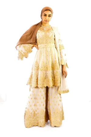 Peplum bell arms tailback top Sharara suit | Gold