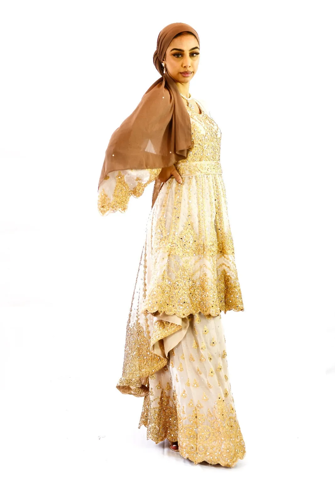 Peplum bell arms tailback top Sharara suit | Gold