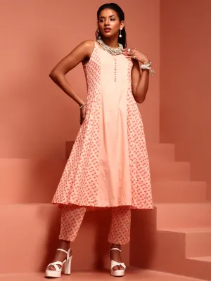 Pink Cotton Flared Kurta Set