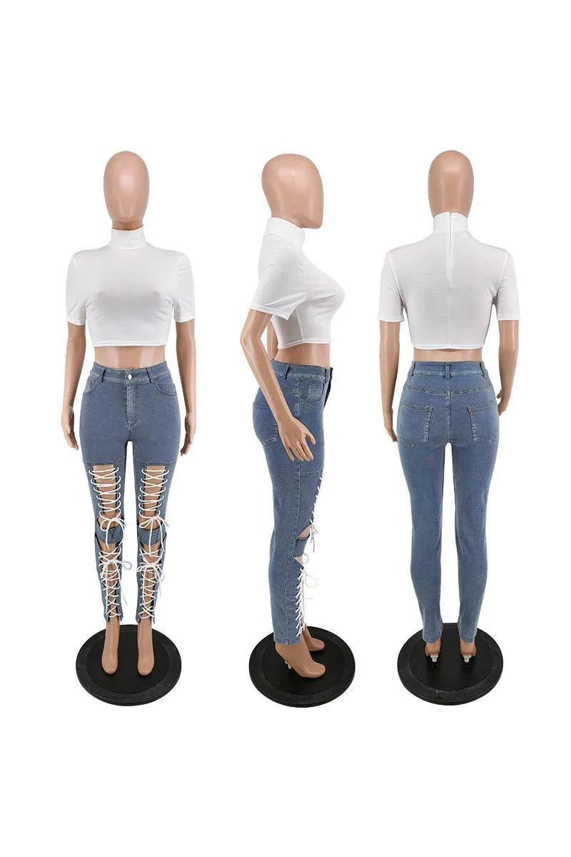 PN0316 Lace Down Denim Jeans