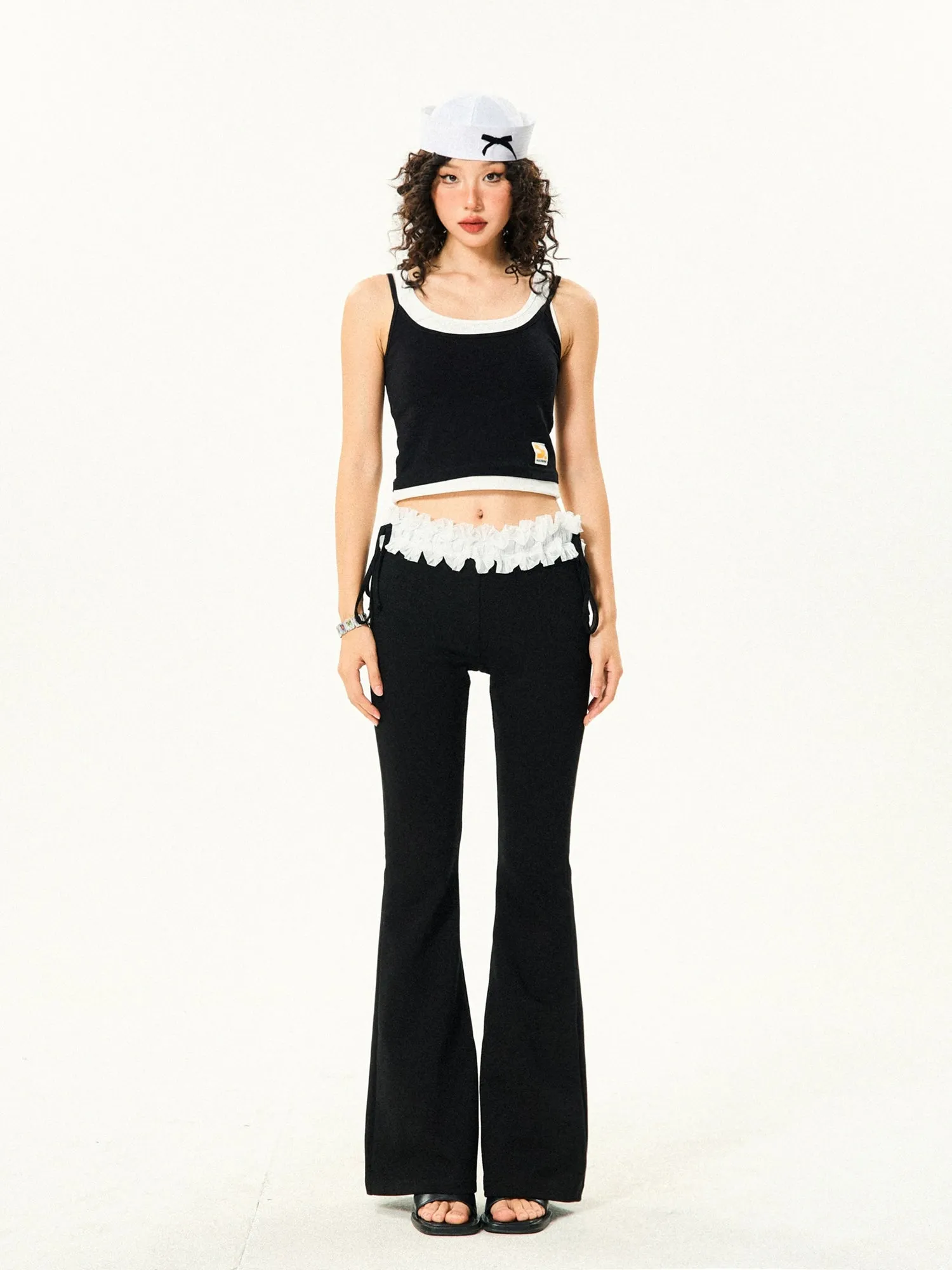 Ruffle Trim Flared Elastic Waist Pants