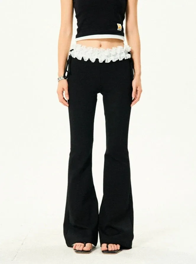 Ruffle Trim Flared Elastic Waist Pants