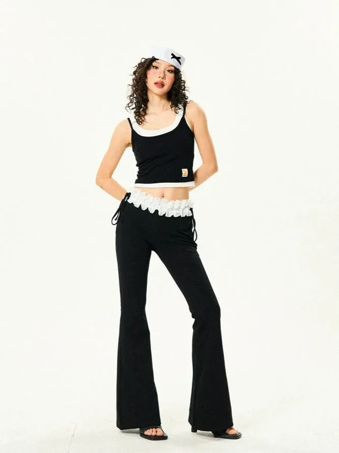 Ruffle Trim Flared Elastic Waist Pants