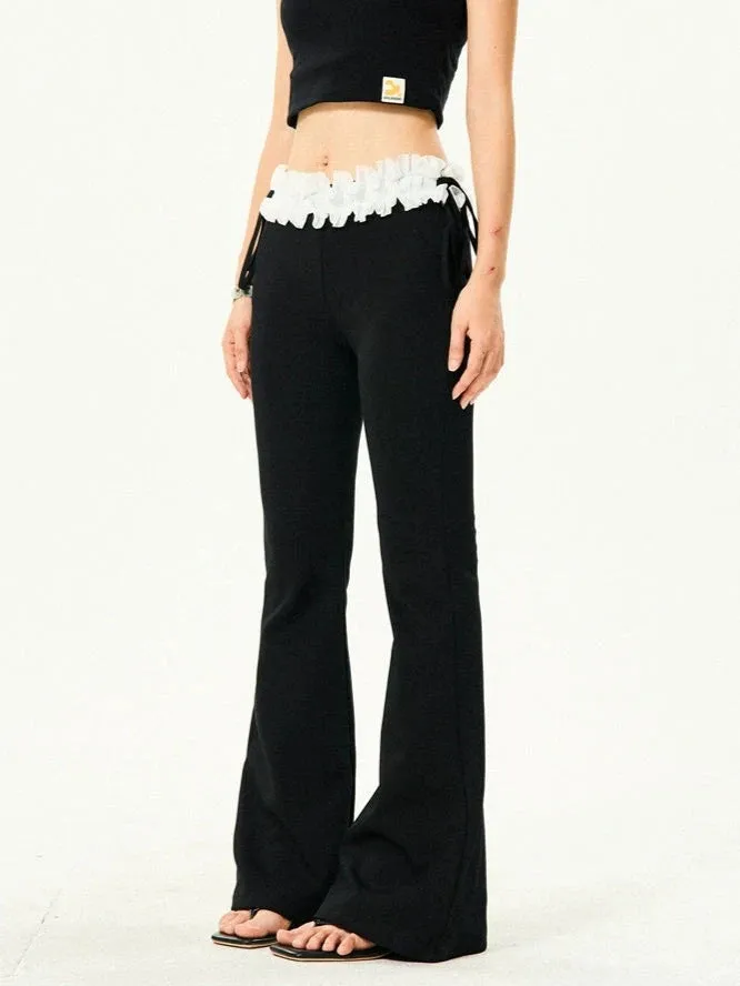 Ruffle Trim Flared Elastic Waist Pants