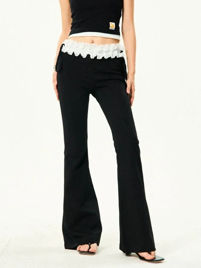 Ruffle Trim Flared Elastic Waist Pants