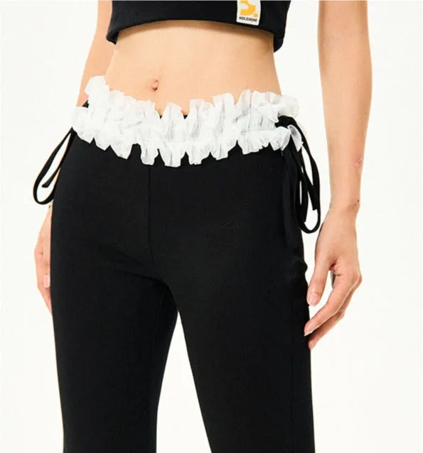 Ruffle Trim Flared Elastic Waist Pants
