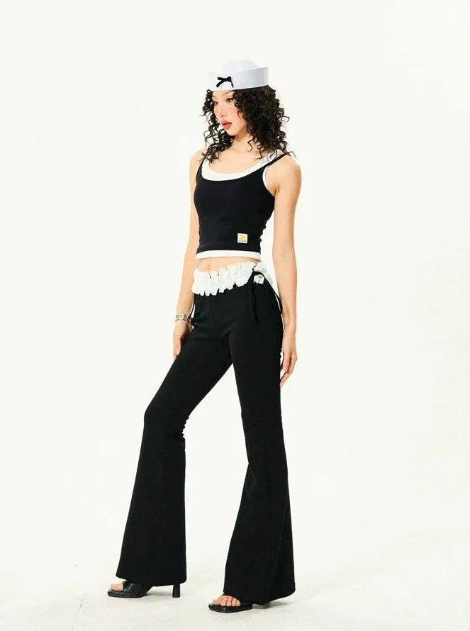 Ruffle Trim Flared Elastic Waist Pants