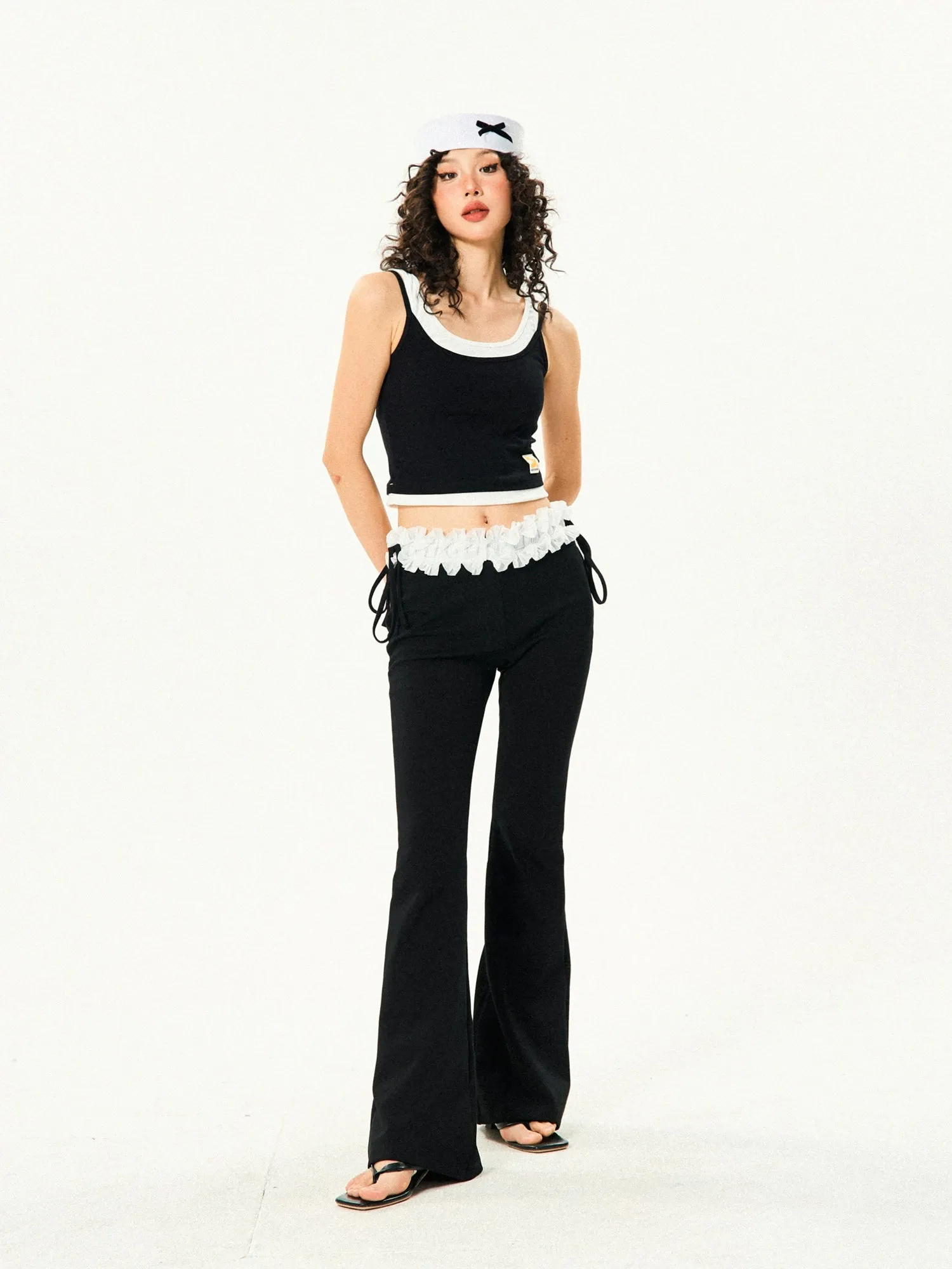 Ruffle Trim Flared Elastic Waist Pants