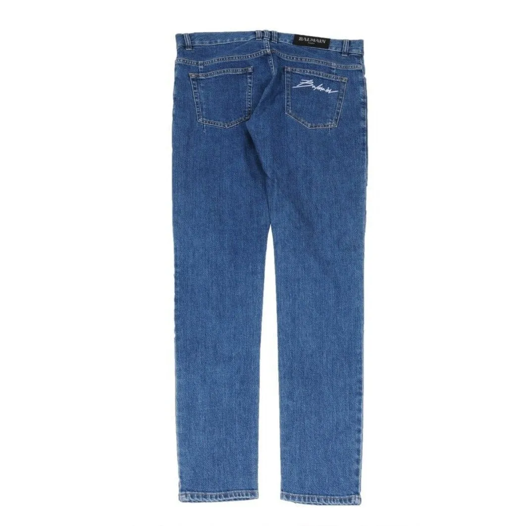 SlimJeans Blue Indigo Knee Slashed Distressed Logo Denim