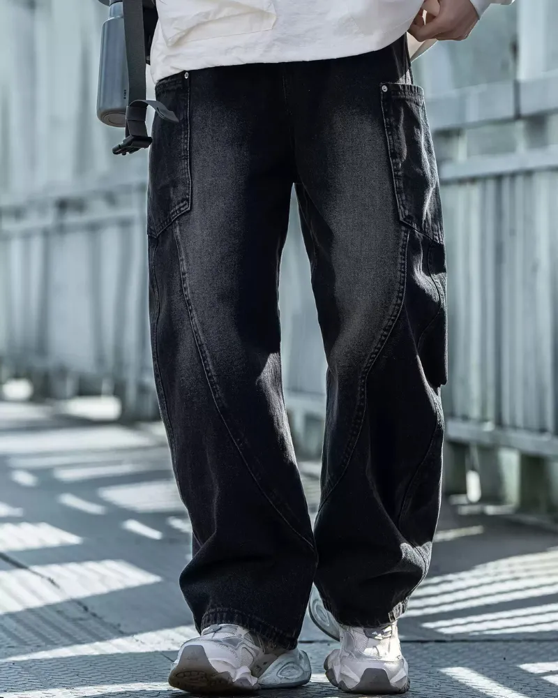 Streetwear Wash Paneled Straight Jeans