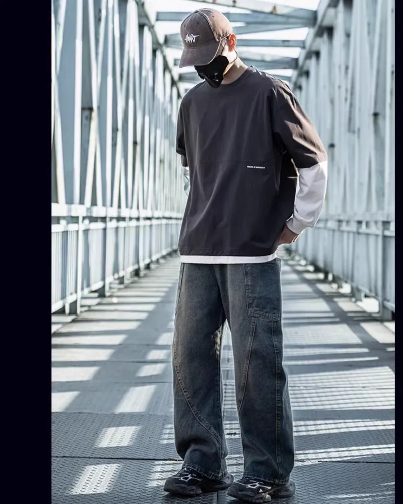 Streetwear Wash Paneled Straight Jeans