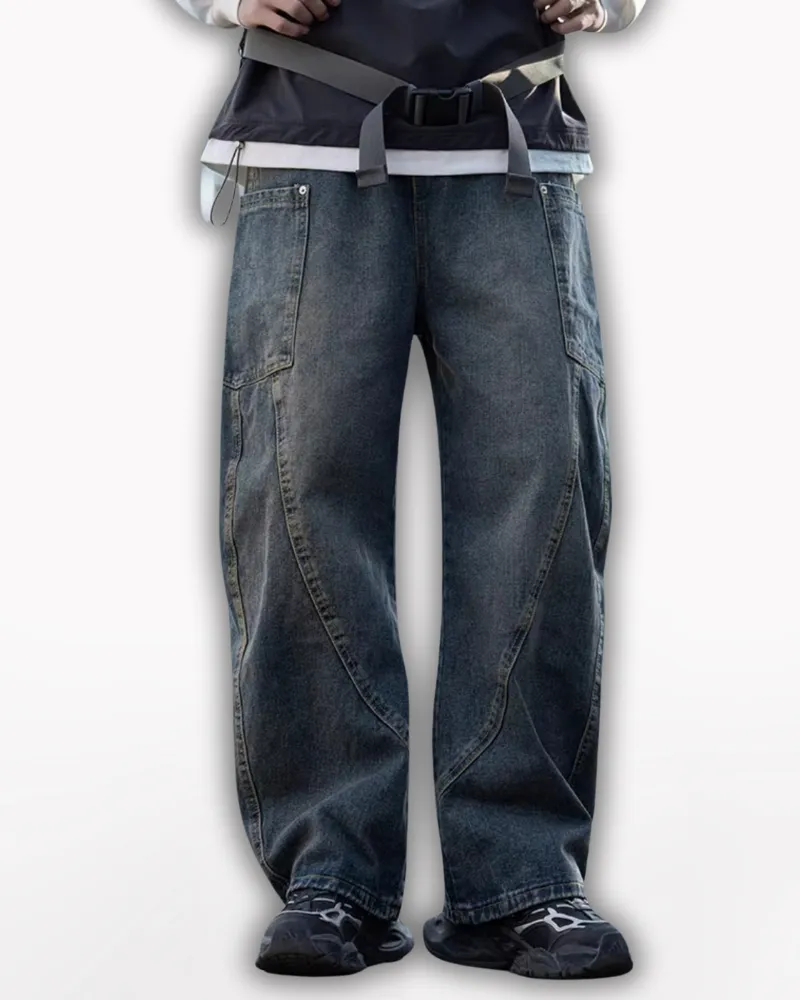 Streetwear Wash Paneled Straight Jeans