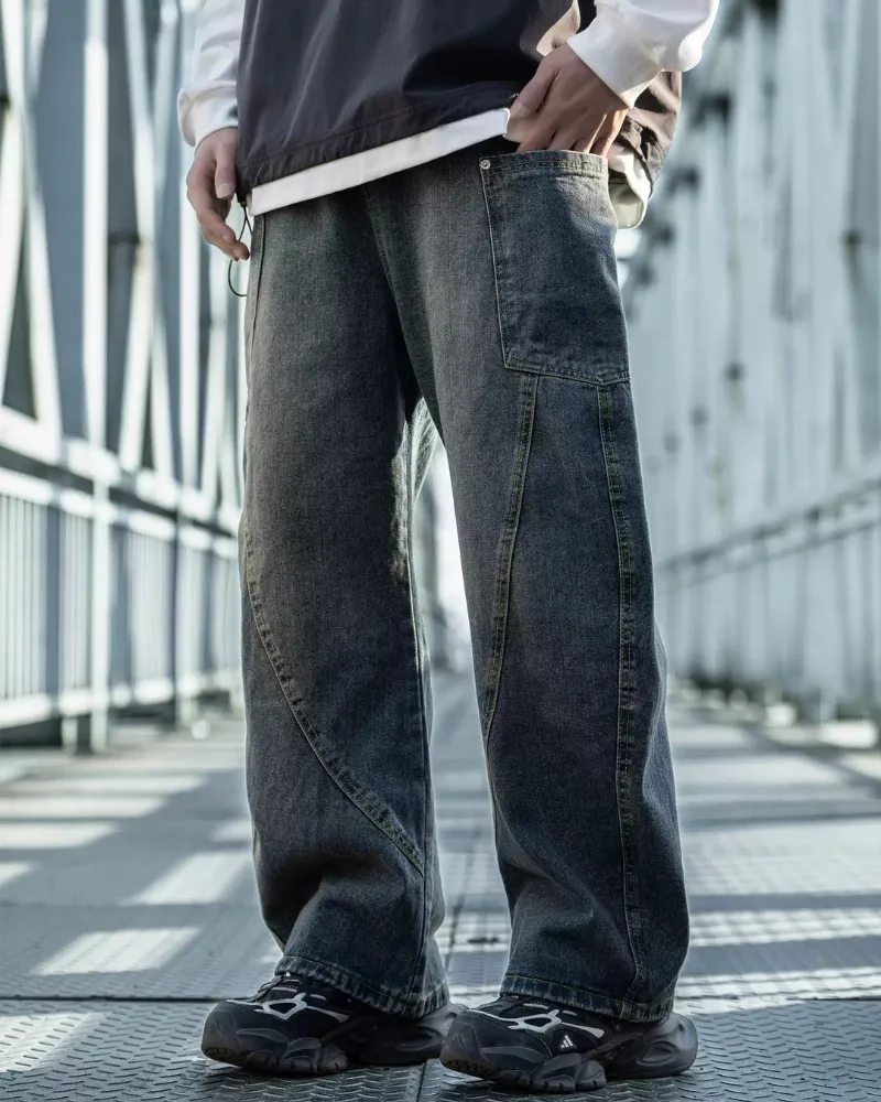 Streetwear Wash Paneled Straight Jeans