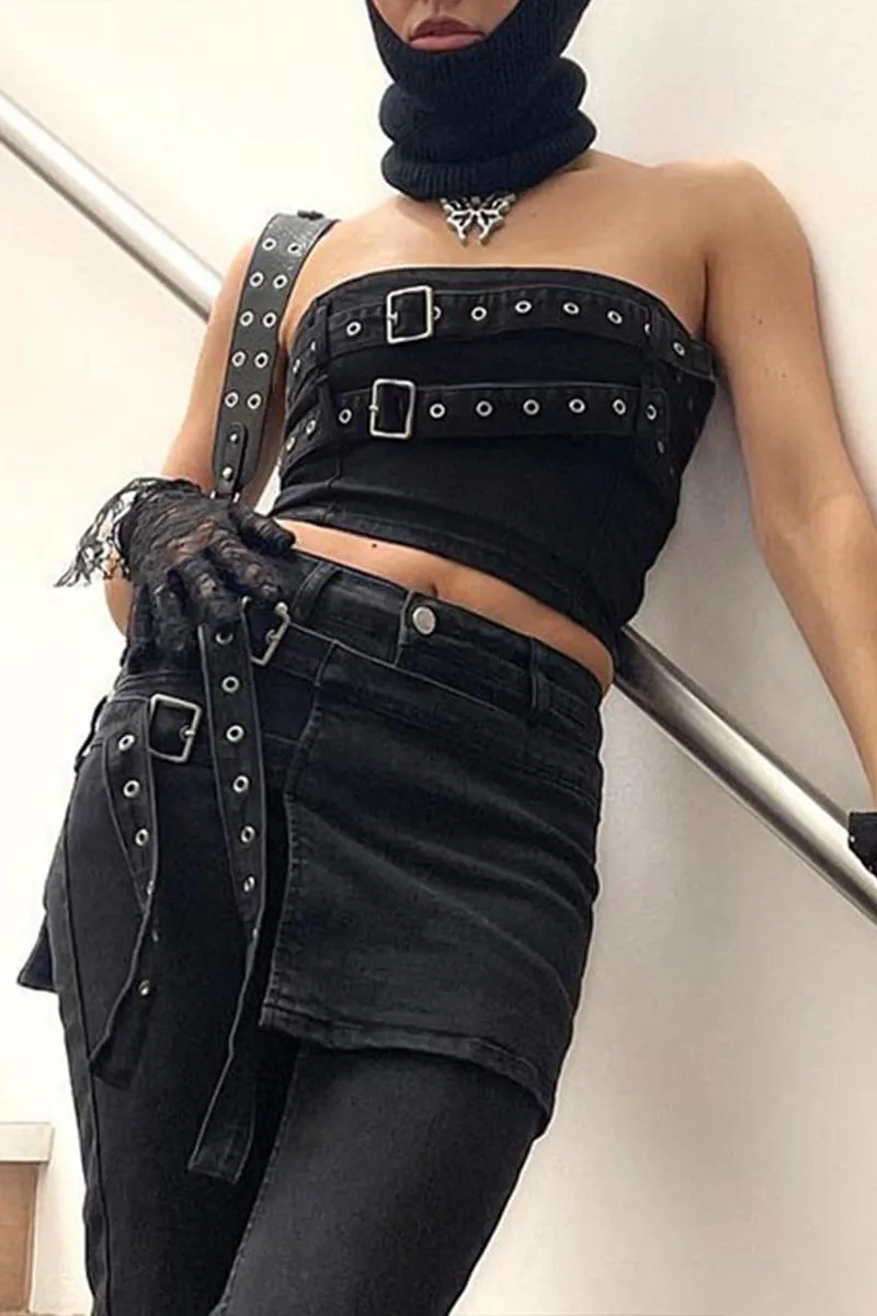 TB474 Black Denim Tube Top