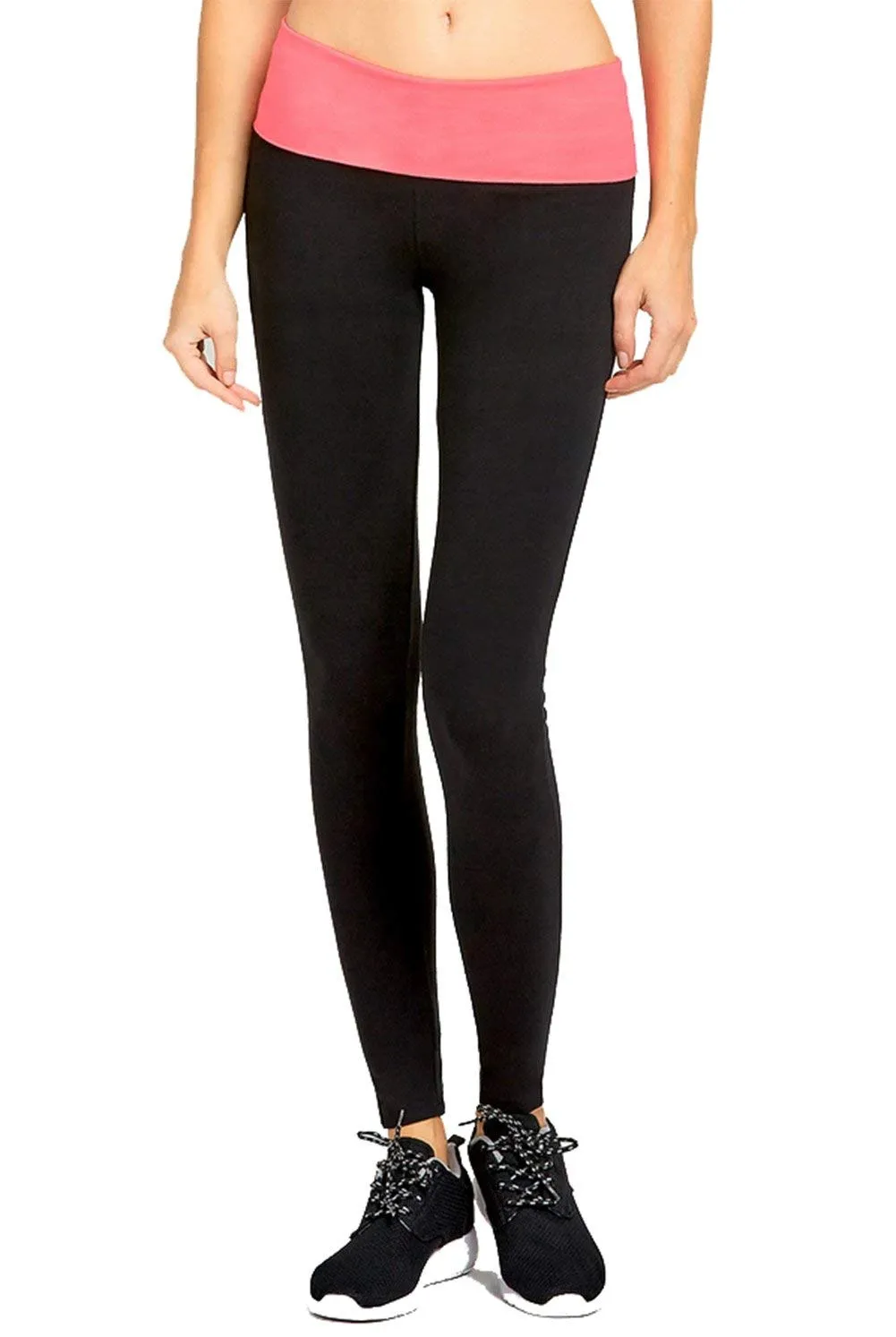 Tight Fit Color Fold Over Waist Cotton Yoga Pants Leggings Full Length
