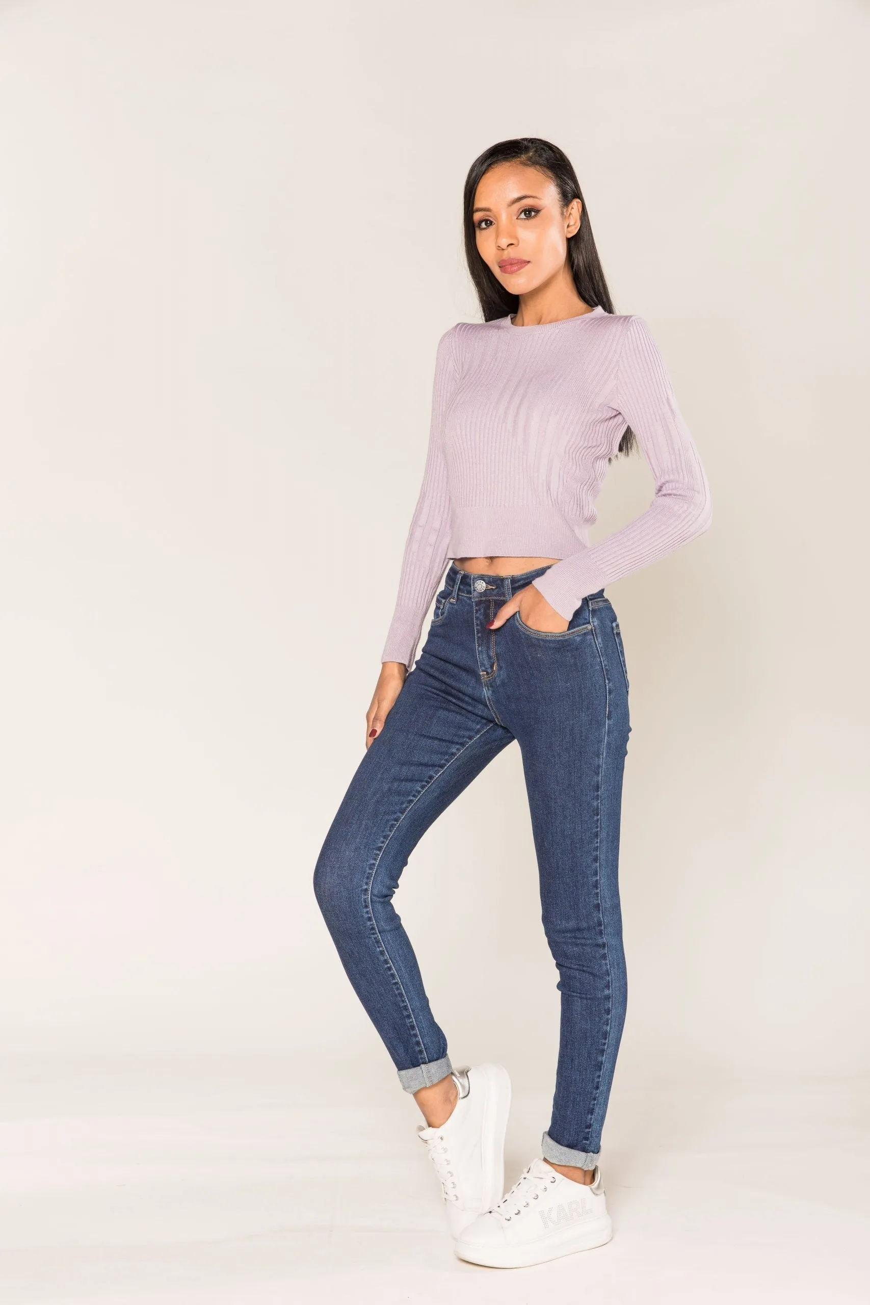 Wholesale Navy Blue Skinny High Waist Jeans with Turn-Up Legs