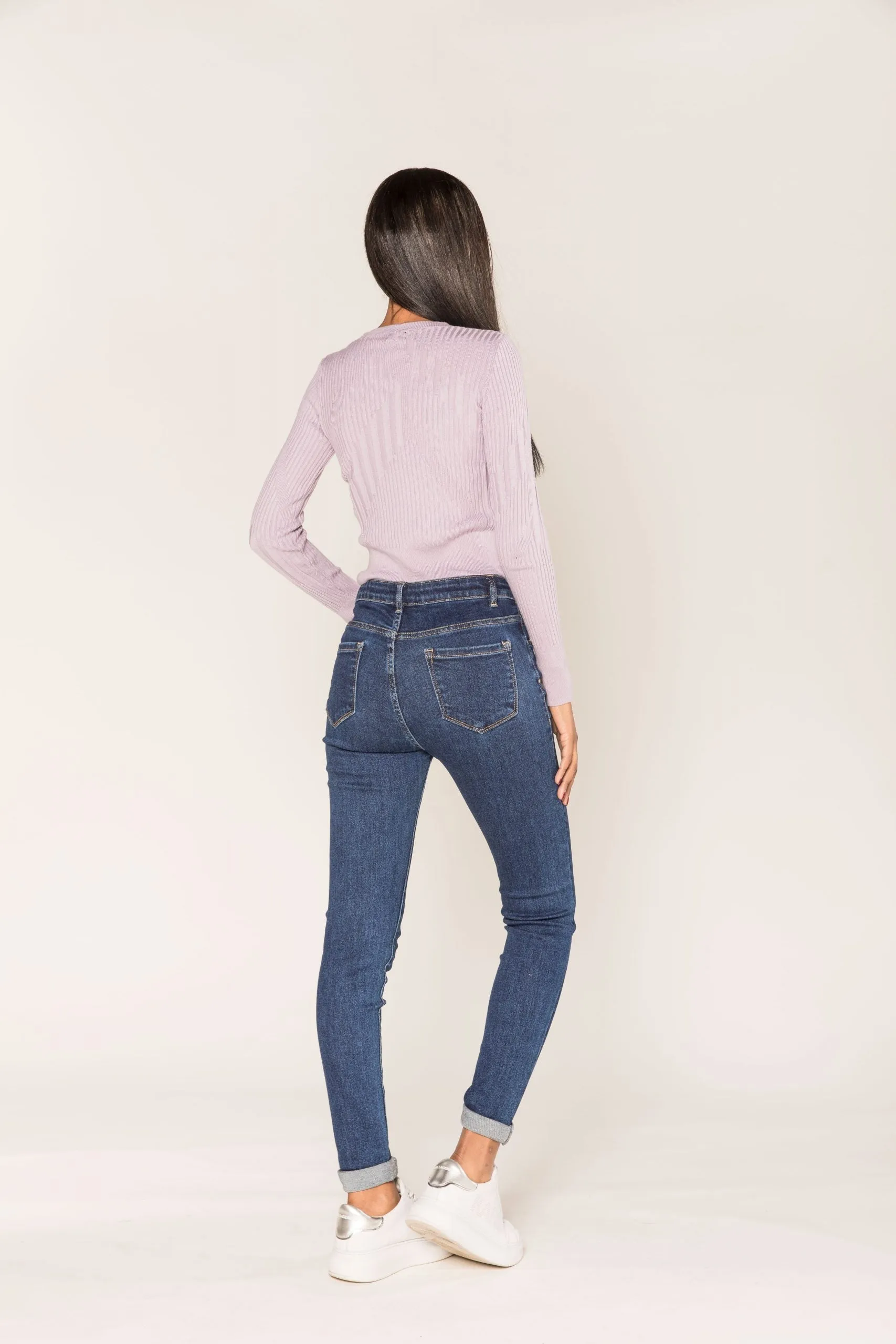 Wholesale Navy Blue Skinny High Waist Jeans with Turn-Up Legs