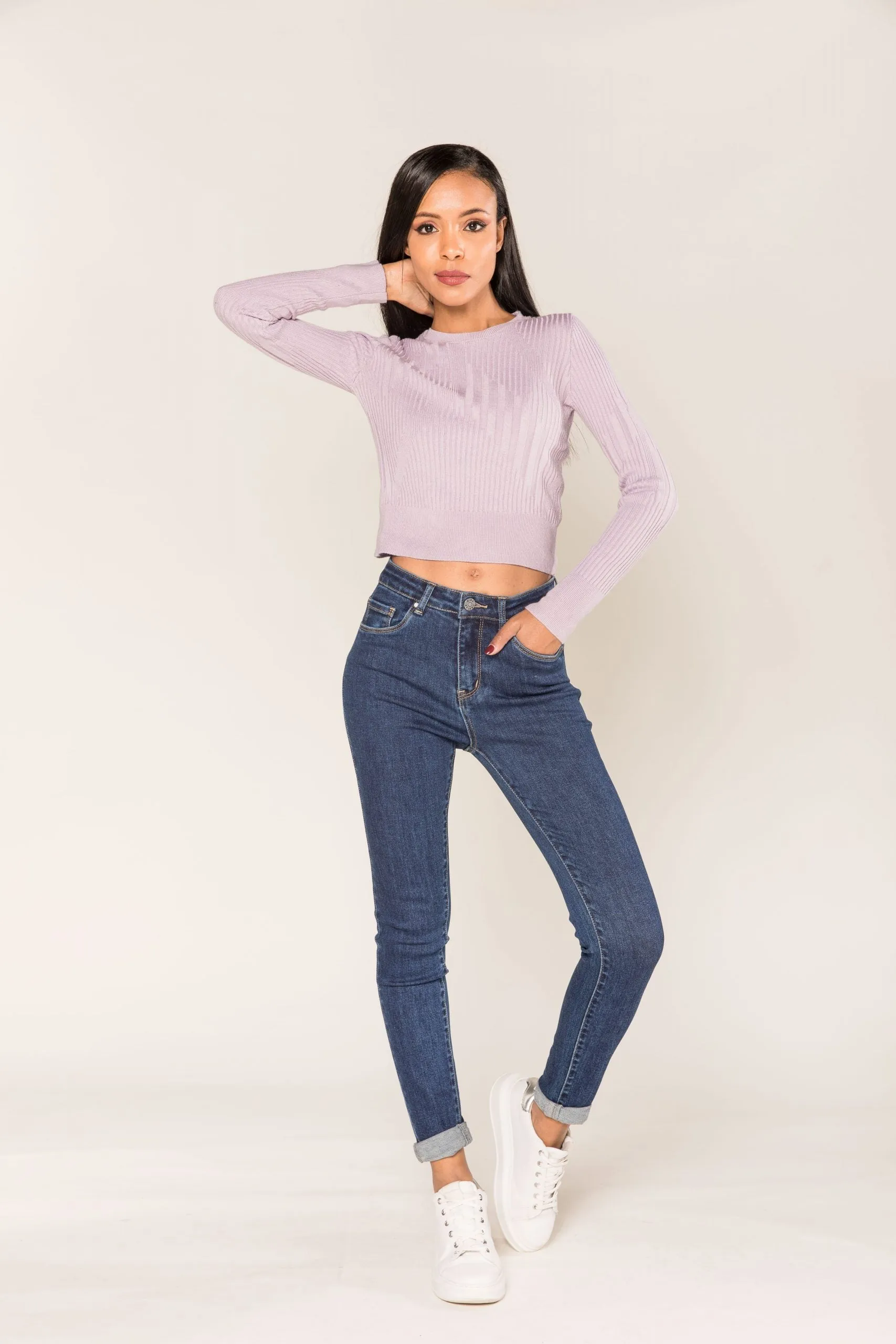 Wholesale Navy Blue Skinny High Waist Jeans with Turn-Up Legs