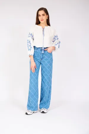 Wide Blue Jeans with Laser Stripes