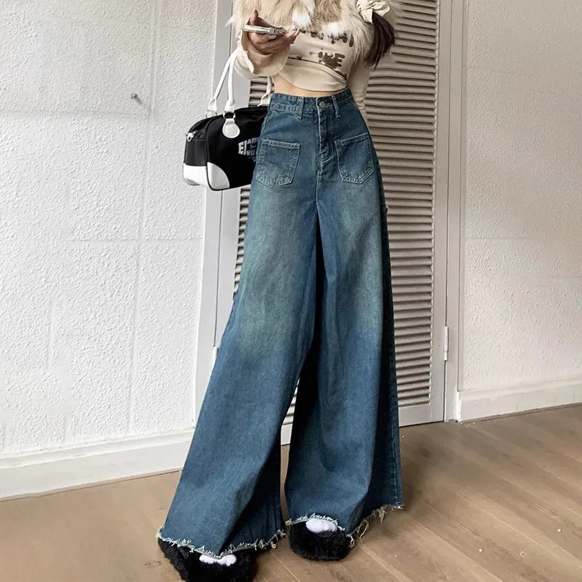 Wide-Legged Trousers Female New Burlap Design Versatile Loose Thin Skirt Jeans