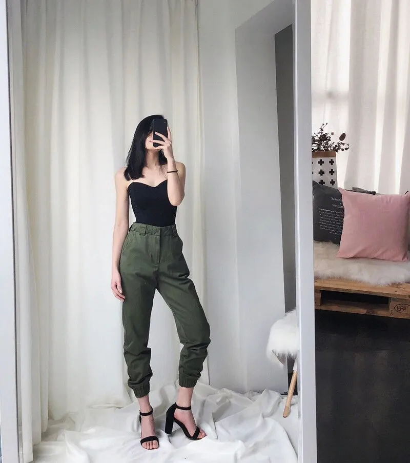 Women's Autumn High-Waist Army Loose Ankle-Length Cargo Pants