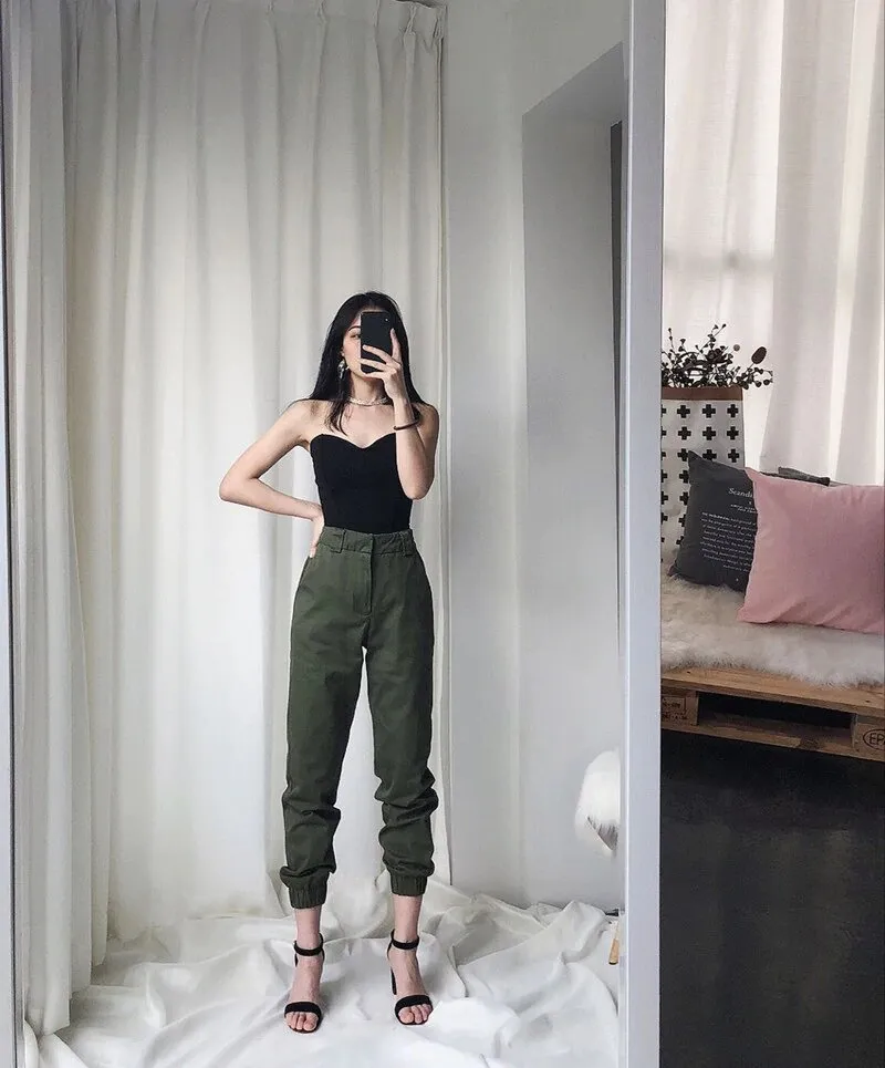 Women's Autumn High-Waist Army Loose Ankle-Length Cargo Pants
