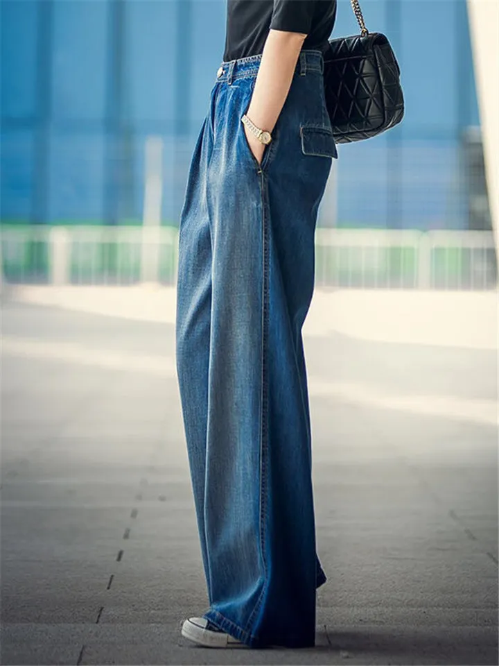 Women's Elegant High Waist Loose Wide Leg Blue Denim Pants